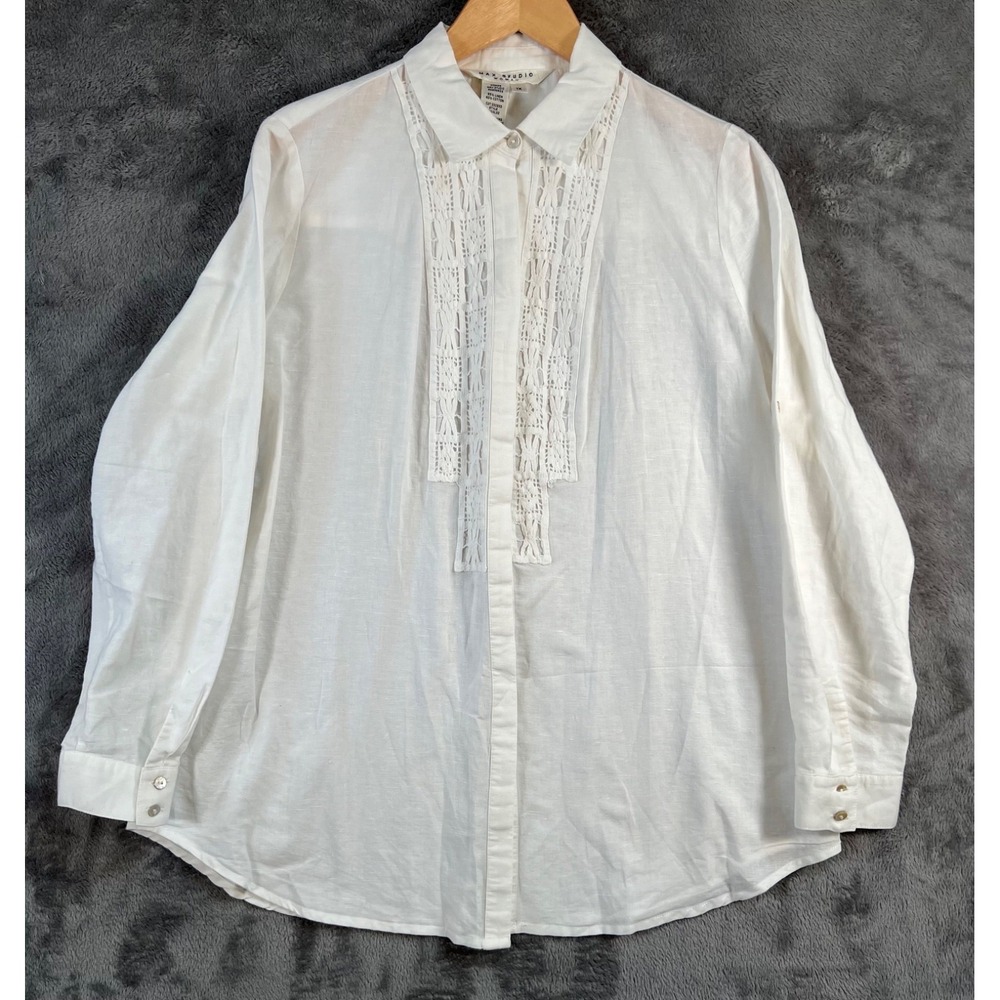 Max Studio Linen Blend Shirt 1X Crochet Bib Tuxedo Coastal Button Up